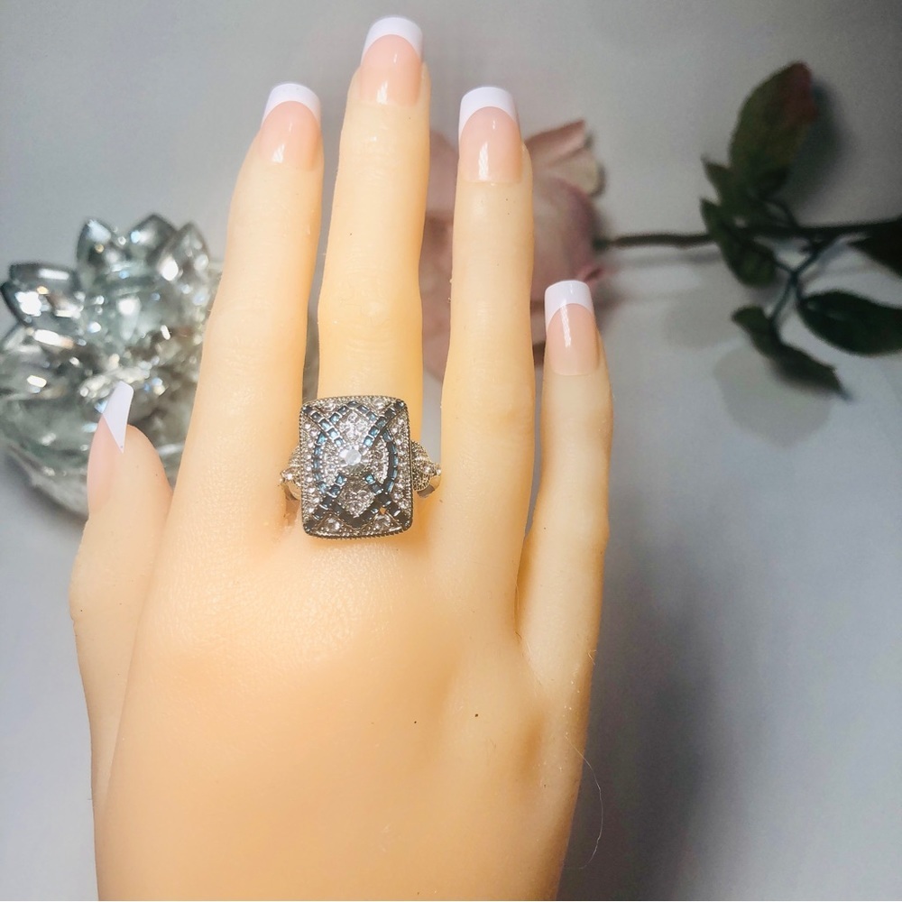 SIZE 13 Plus Size BLUE & SILVER Square True to Size Women’s Ring True to Size